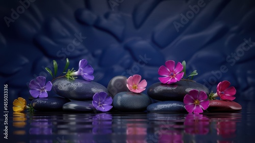 Spa-like river stones and pastel flowers on dark blue reflective surface
