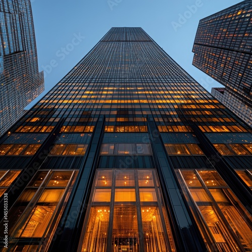 Wallpaper Mural Skyward view of a modern skyscraper, lit windows, and dark panels Torontodigital.ca