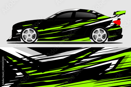 Black sports car with green racing stripes on display