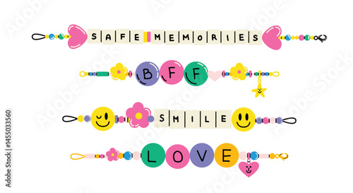Handmade cartoon-inspired friendship bracelet set. Vibrant beaded jewelry featuring letters, stars, hearts, and animals. Fun, colorful, and nostalgic DIY accessories with a retro vibe. Perfect for add