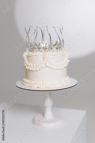Obraz na płótnie Sweet fresh cake with candles on it. Beautiful exclusive cake with protein cream. Candles on the cake. Birthday dessert w salonie
