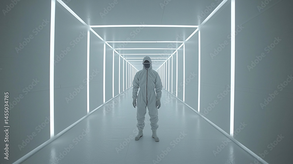 Person in protective suit in a sterile, futuristic corridor Person in protective suit in a sterile, futuristic corridor