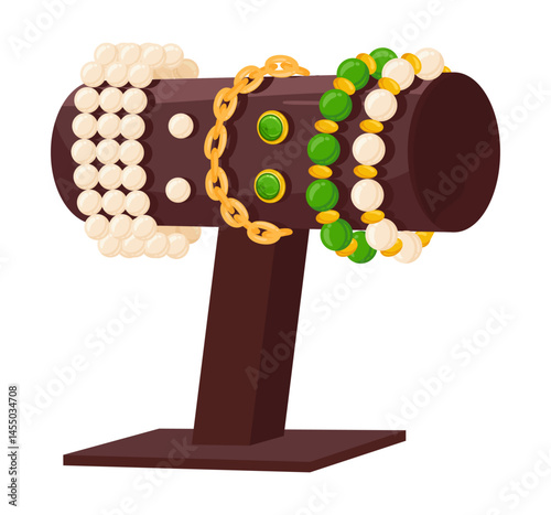 Bracelets holder. Glamorous jewelry with pearls, bijouterie bracelets and earrings holder flat vector illustration. Cartoon jewelry shop showcase