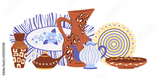 Ceramic tableware. Decorative crockery, kitchen pottery, dishes, bowls and plates flat vector illustration. Collection of clay ceramic crockery