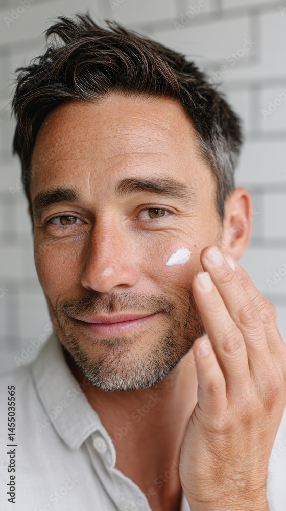 Fototapeta premium Men’s grooming routine: applying spf gel for clean skin protection