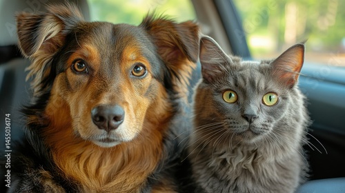 Two furry friends ready for a car ride.  A dog and a cat sit close together in a vehicle's passenger seat