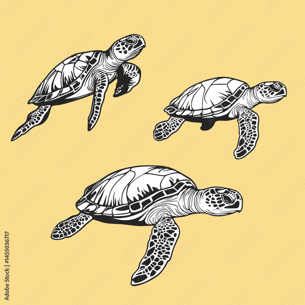 Fototapeta premium Three Sea Turtles Swimming Illustration on Yellow Background
