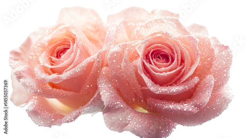 Fototapeta Naklejka Na Ścianę i Meble -  Pair of Tender Pink Roses with Glittering Droplets, cut out transparent