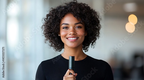 Smiling African Businesswoman Holding Microphone