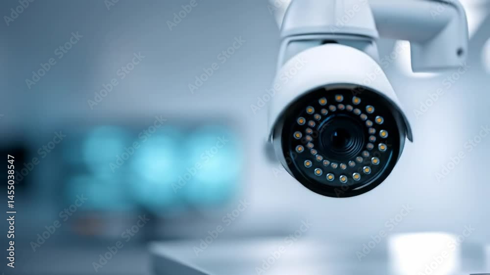 Security camera mounted on the wall. Surveillance system for safety and protection. Modern technology for data recognition, monitoring and detection purposes.