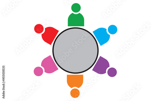 Meeting illustration with three business people around a table for collaboration concept. small group of team members sitting together in a circle or around a table, symbol collaboration and teamwork.
