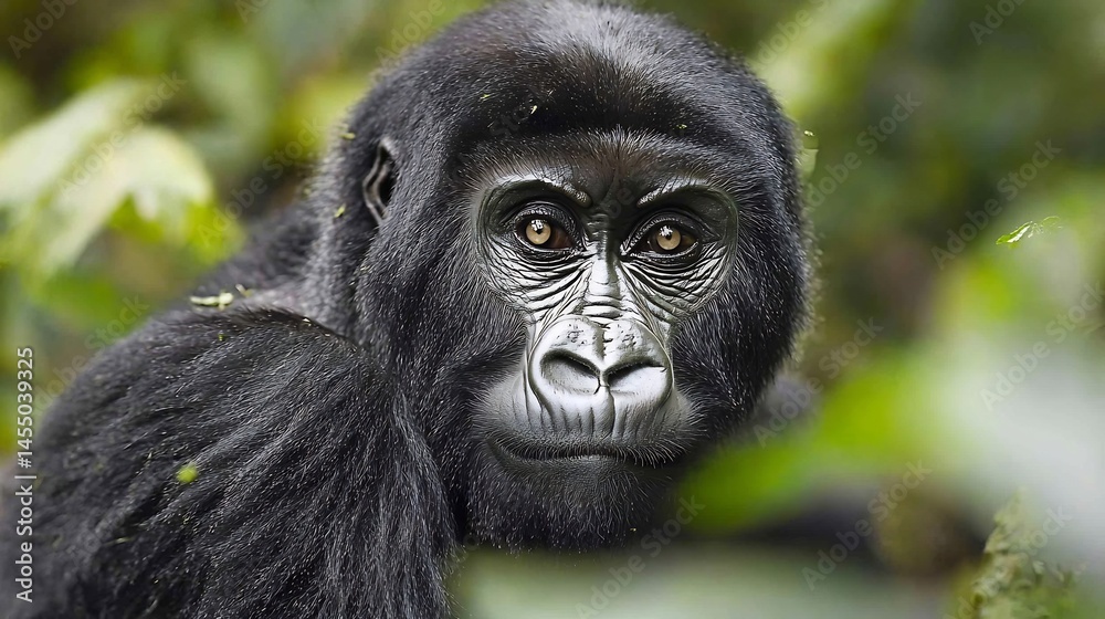 Side View of a Gorilla In a Dense Rainforest Habitat Showing Muscle Tension and Deep Emotion With Macro Detail In Its Face Captured In Natural Background Side View of a Gorilla In a Dense Rainforest Habitat Showing Muscle Tension and Deep Emotion With Macro Detail In Its Face Captured In Natural Background
