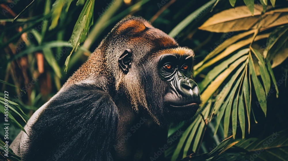 Obraz premium Side View of a Gorilla In a Dense Rainforest Habitat Showing Muscle Tension and Deep Emotion With Macro Detail In Its Face Captured In Natural Background