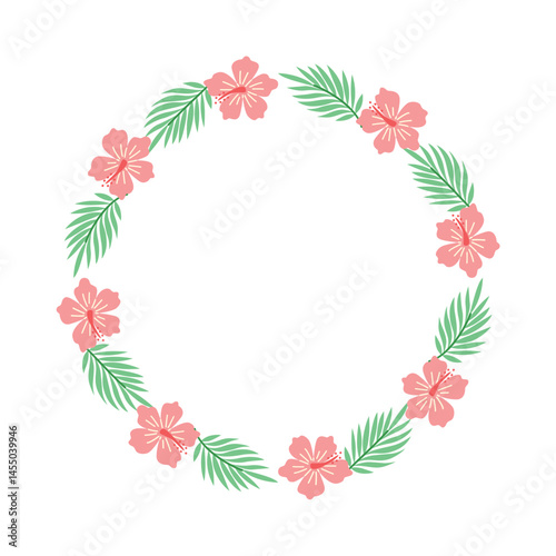 Tropical floral wreath with hibiscus flowers and palm leaves
