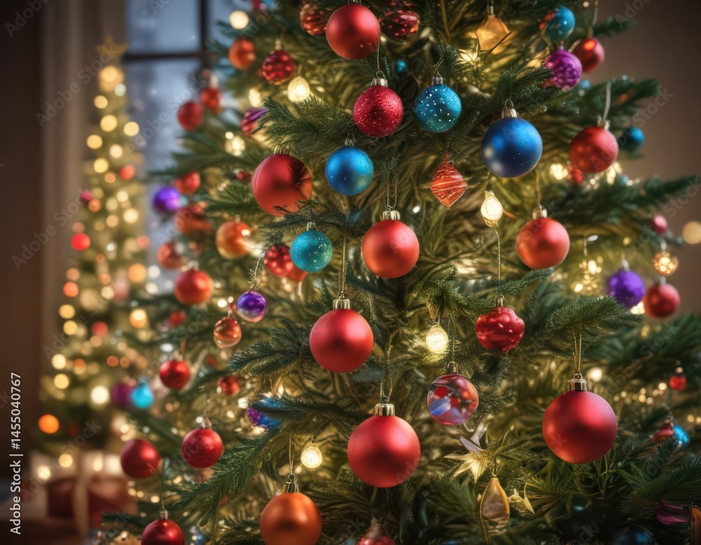 Vibrant baubles adorn a glowing Christmas tree, bokeh lights blur the background , glow, photography Vibrant baubles adorn a glowing Christmas tree, bokeh lights blur the background , glow, photography