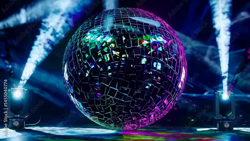 Glittering disco ball rotates with colorful lights, seamless loop