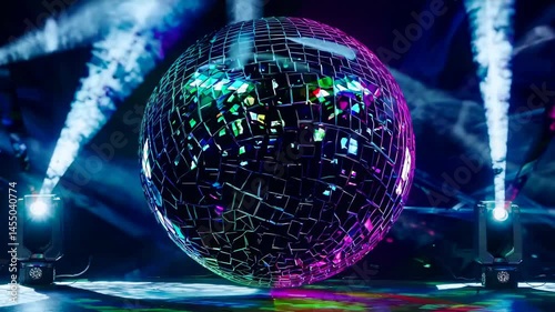Glittering disco ball rotates with colorful lights, seamless loop
