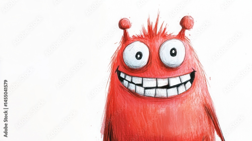 Fototapeta premium Happy red monster illustration, white background, children's book
