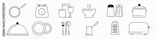 A set of black-and-white kitchen icons showing various cooking tools, utensils, tableware, and appliances in simple outline style.