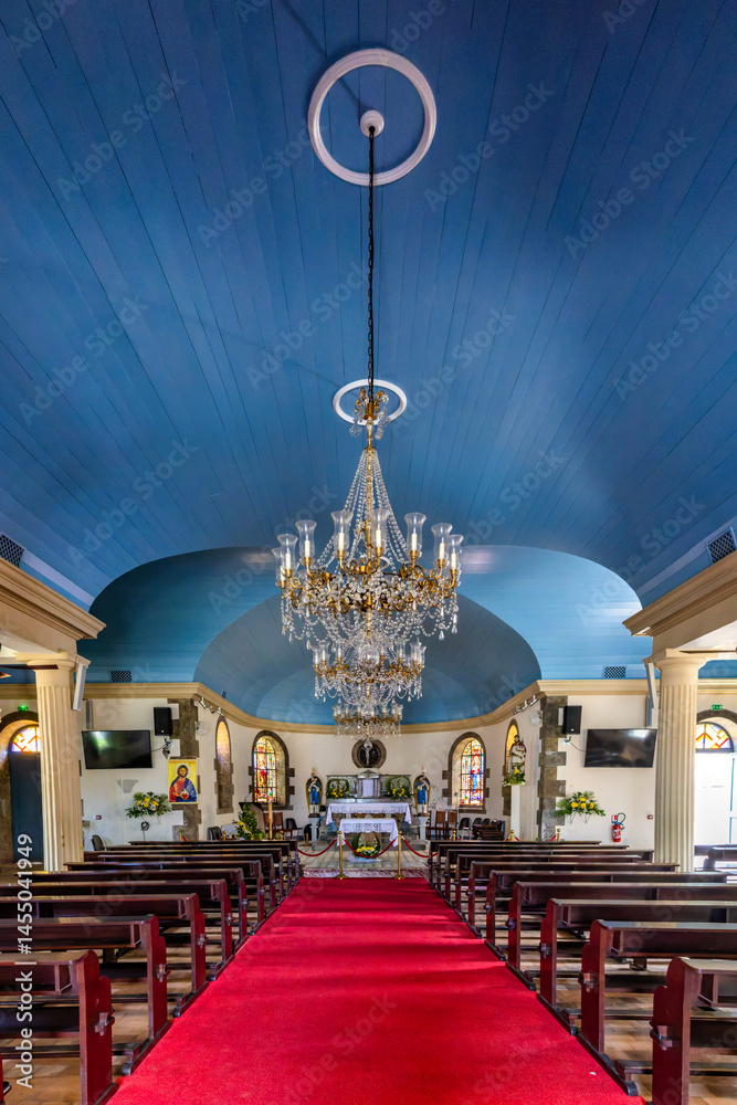 Indoor vertorama of Saint Henri church. Built at the end of the 18th century, the church was burnt down in 1762 by the English.