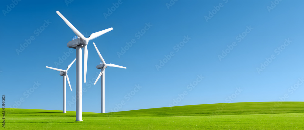 Fototapeta premium Wind turbines against blue sky. Sustainable, renewable energy, Wind energy, Sustainable resources, Green technology, Innovations concept. Copy space for text. Banner, cover, advertising. 