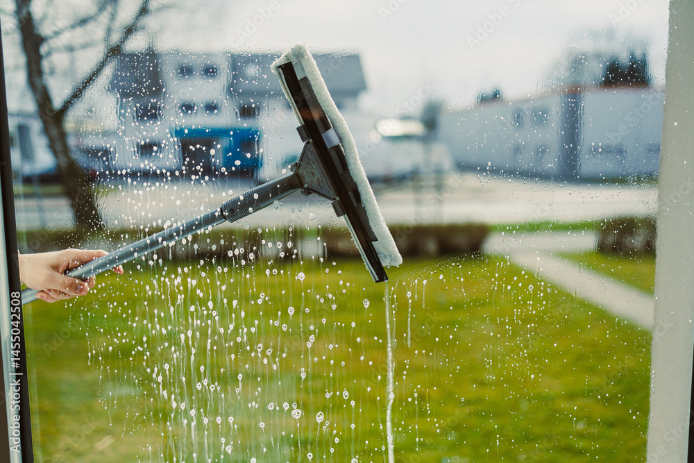 Washing windows with glass cleaner and mop. Woman from a window cleaning company washes windows in the house. House cleaning with window washing. Mop for washing glass.