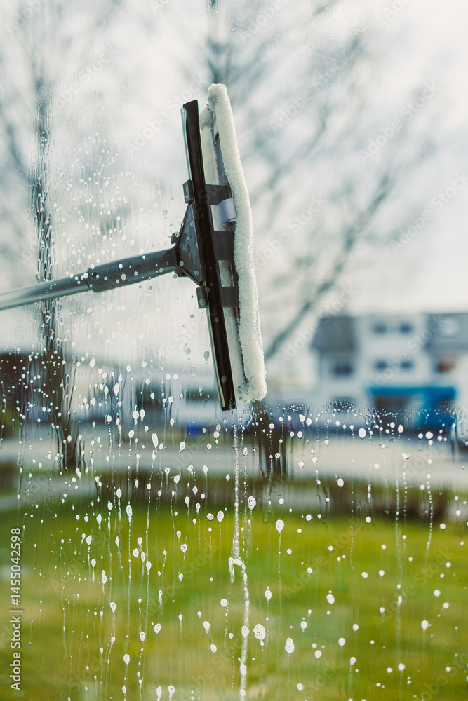 Professional cleaning worker washes windows with special equipment. Woman washes windows with mop and glass cleaner. House cleaning.