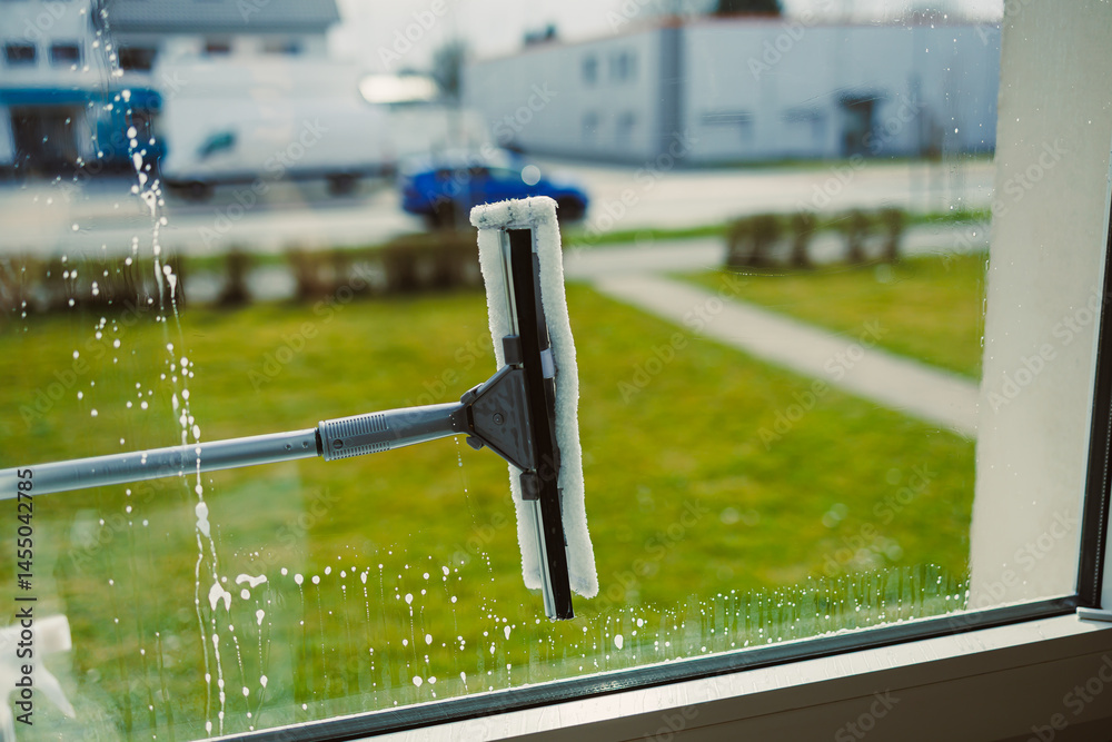 Professional cleaning worker washes windows with special equipment. Woman washes windows with mop and glass cleaner. House cleaning.