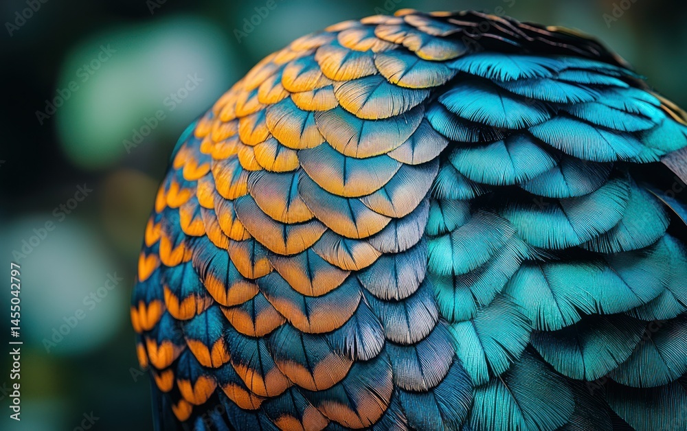 Obraz premium Bird's plumage shows shimmering turquoise and gold feathers