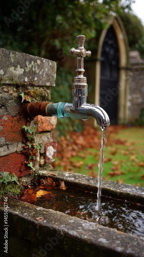 Water flows freely from a vintage chrome faucet into an old stone fountain outside a religious building surrounded by trees.