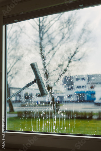 Obraz na płótnie Professional cleaning worker washes windows with special equipment. Woman washes windows with mop and glass cleaner. House cleaning. w salonie