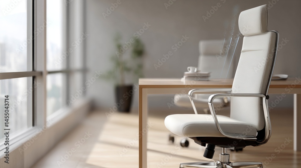 A smart belt with embedded sensors visually demonstrating how it adjusts fit and provides feedback on posture p on a sleek office chair.