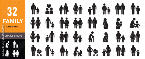 Family and Motherhood Icon Set – Black Solid Glyph Silhouette Style for Mother’s Day and Parenting Themes