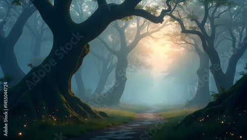 bosque encantado con árboles grandes y luz mágica