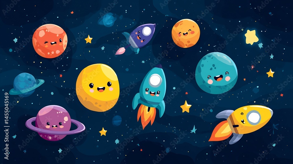 Naklejka premium Whimsical cosmic adventure featuring cute planets, rockets, and playful stars