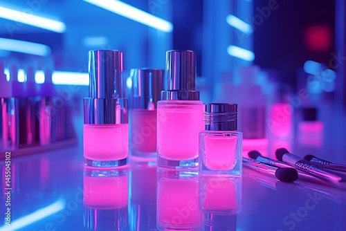 Cosmetic bottles glowing with pink light on a glossy surface in a futuristic neon setting

