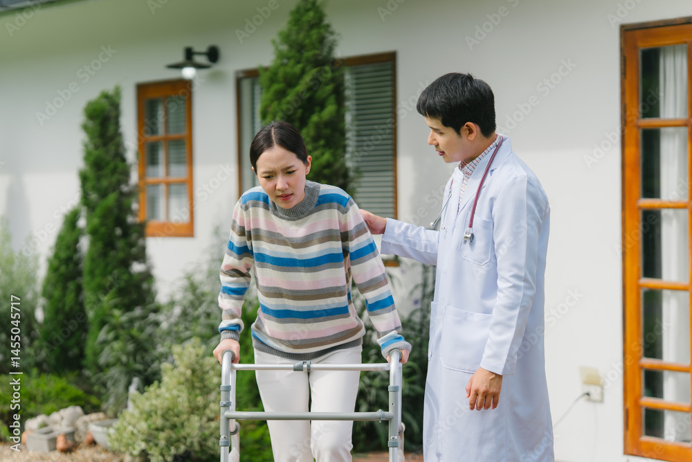 Obraz premium Doctor Assisting Patient with Walker Outdoors
