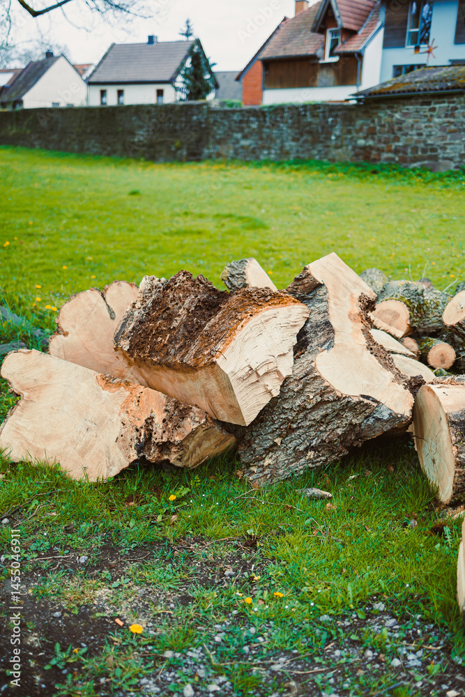 Chopped trees for winter storage. A pile of chopped fresh trees. Forest cutting. chopped logs from huge trees.
