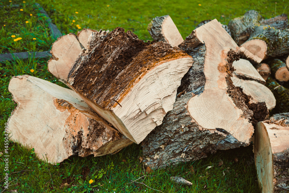 Chopped trees for winter storage. A pile of chopped fresh trees. Forest cutting. chopped logs from huge trees.
