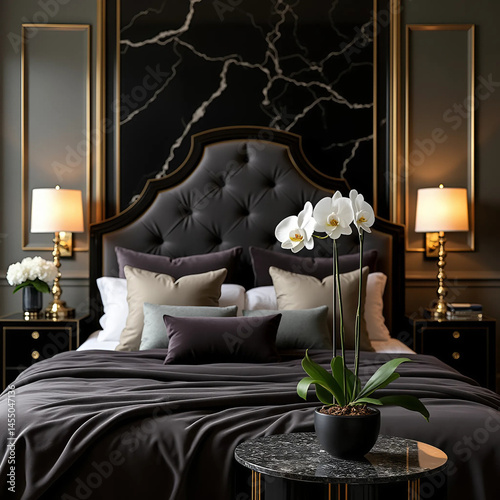 Art Deco Bedroom with Marble and Solitary Flower, Generate AI