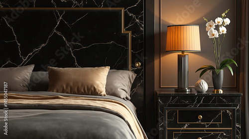 Art Deco Bedroom with Marble and Solitary Flower, Generate AI