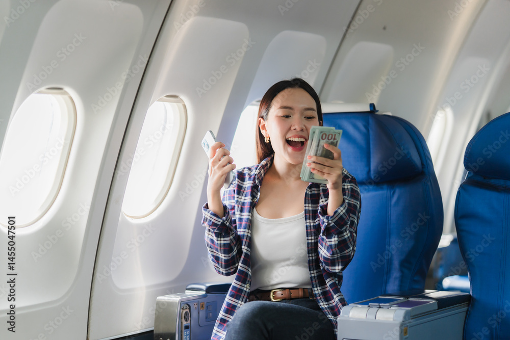 Excited Woman Holding Money and Ticket on Airplane