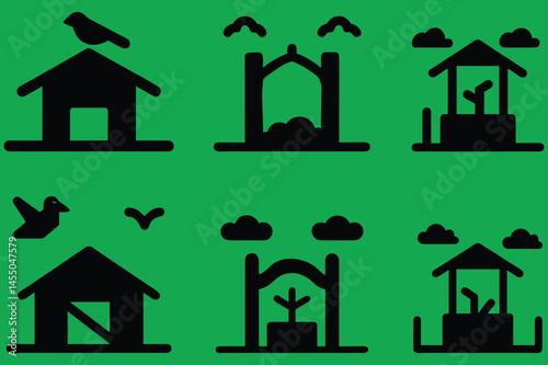 This vector art set features various house icons, symbols for home, real estate, and residential buildings, useful for architecture and design illustrations