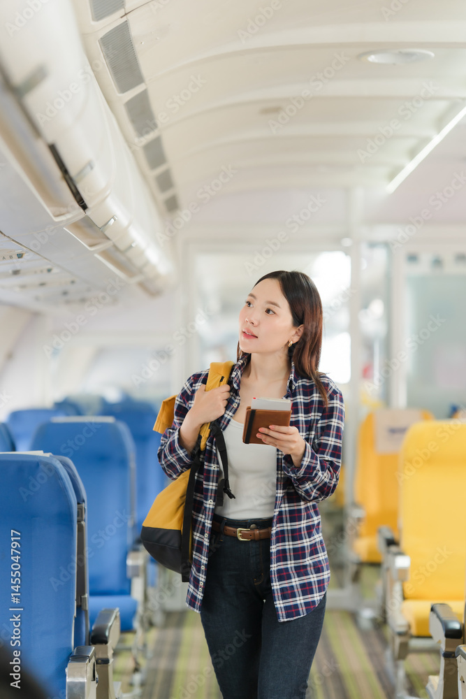 Woman Traveling by Airplane with Passport