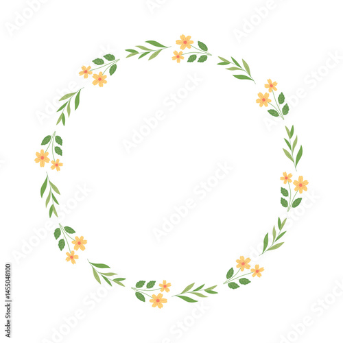 Minimal floral wreath with yellow wildflowers and green leaves on white background. Perfect for wedding invitations, logos, and seasonal decoration. Vector illustration in botanical style.