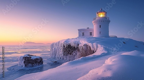 Snowy lighthouse at dawn on icy coast