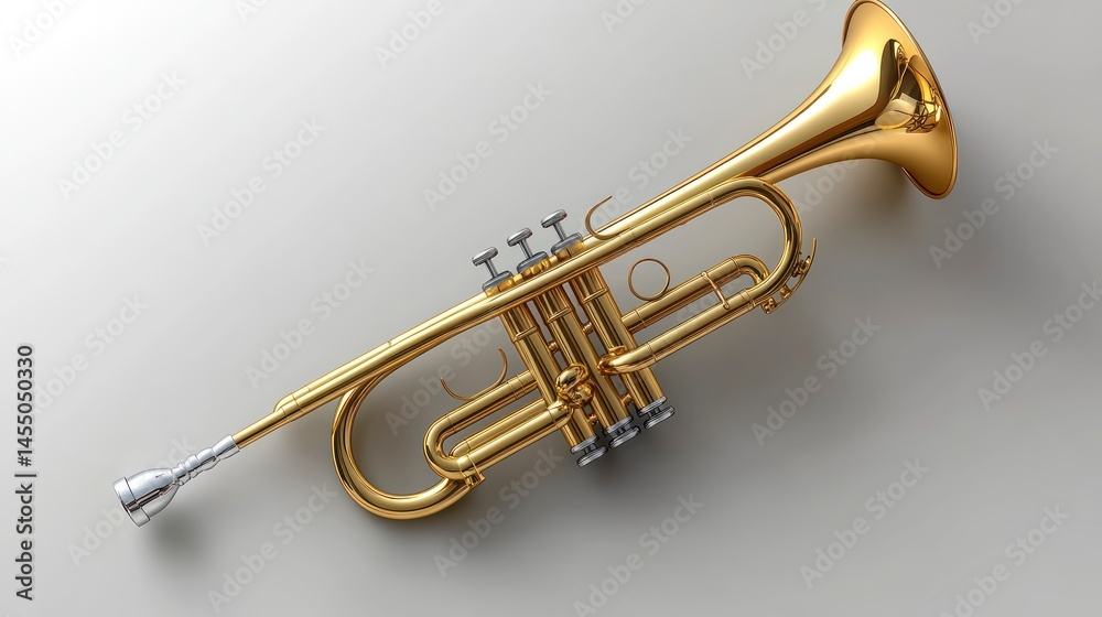 Obraz premium Golden Trumpet Instrument with Shiny Finish and Detailed Valves on a Neutral Background