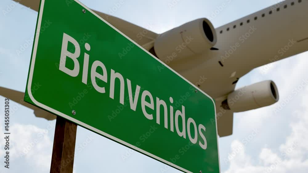 4k Bienvenidos Green Road Sign and Airplane Flying Low Overhead with Landing Gear Down.