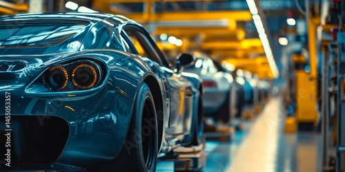 A car is being built in a factory. The car is a sports car and is in the middle of the assembly line