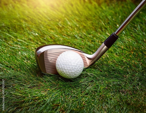 golf ball and wooden club on a green grass background closeup golf sport concept banner with copy space area for text or design